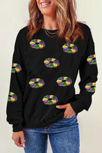 Black Sequined Donuts of Mardi Gras Colors Drop Shoulder Sweatshirt