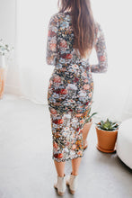 Brown Floral Allover Print Mock Neck Bodycon Long Sleeve Midi Dress