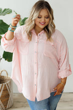 Pink Flap Pocket Tab Sleeve Button-Down Plus Size Shirt