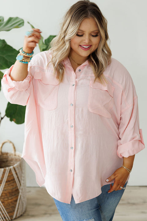 Pink Flap Pocket Tab Sleeve Button-Down Plus Size Shirt