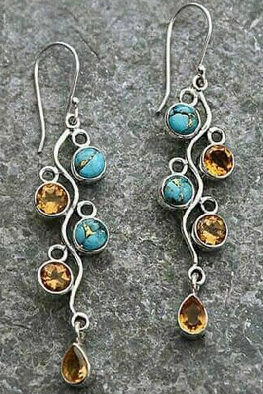 Silvery Turquoise Gem Inlay Vintage Alloy Dangle Earrings