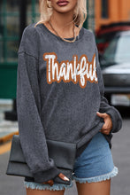 Gray Thankful Printed Drop Shoulder Corded Thanksgiving Sweatshirt