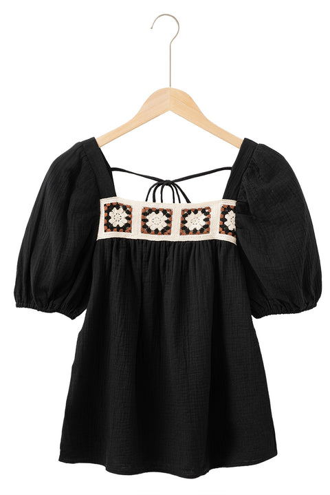 Black Flower Crochet Square Neck Textured Short Sleeve Blouse