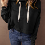 Black Solid Drop Shoulder Drawstring Cropped Hoodie