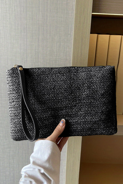 Black Straw Woven Wrist Strap Zipper Large Wallet