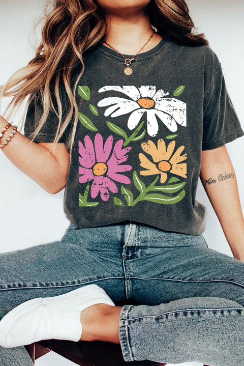 Black Daisy Print Mineral Wash Round Neck T Shirt