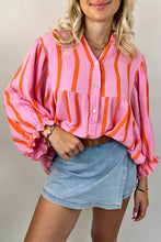 Orange Stripe Crinckled Ruffled Sleeve Button up Loose Shirt