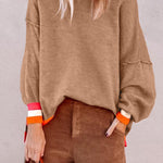 Parchment Colorblock Striped Trim Drop Shoulder Sweater