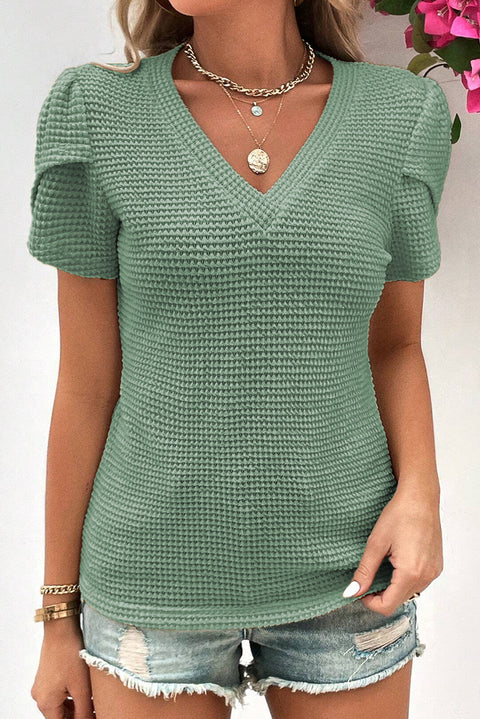 Mist Green V Neck Petal Sleeve Waffle Knit T-Shirt