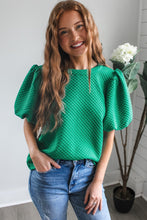 Sea Green Solid Textured O Neck Puff Sleeve Blouse