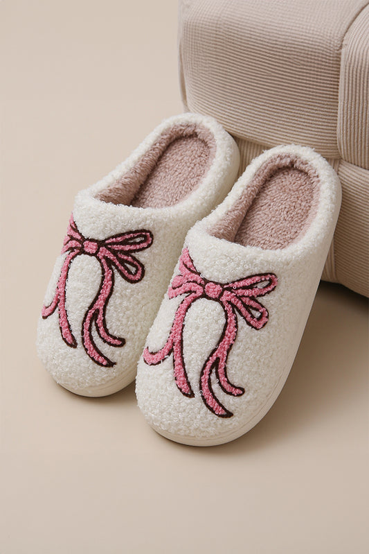 White Bow Knot Pattern Plush Warm Slippers