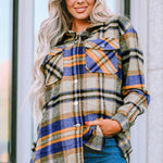 Blue Geometric Plaid Print Pocketed Shacket