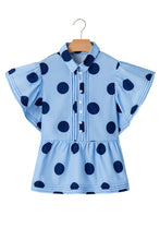 Sky Blue Polka Dot Print Ruffled Short Sleeve Buttoned Collared Blouse