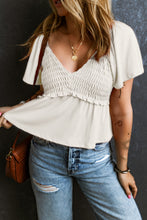 Oatmeal Shirred V Neck Short Flutter Sleeve Textured Blouse