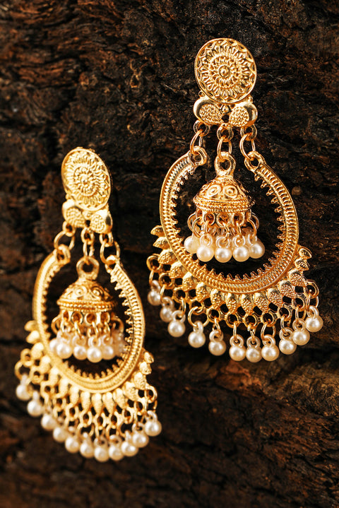 Gold Boho Pearl Tasseled Alloy Dangle Earrings