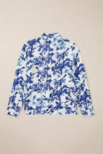 Sky Blue Floral Print Notched Neck Elegant Blouse