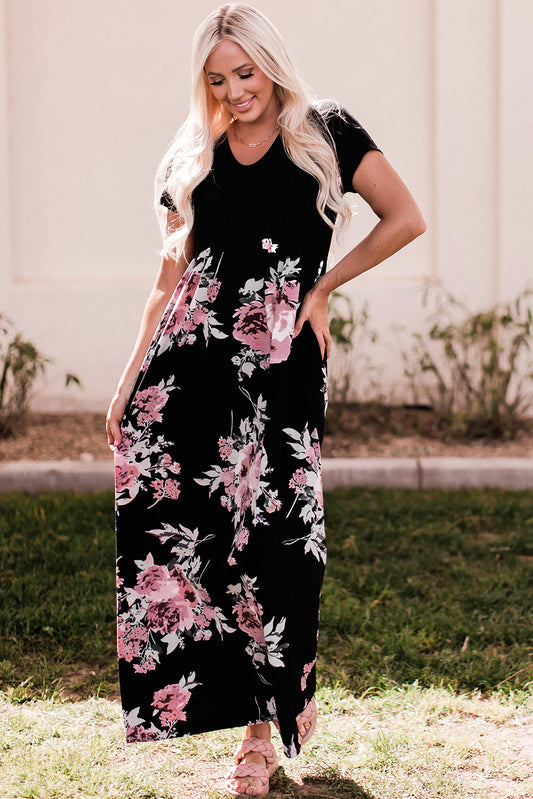 Contrast Floral Empire Waist Maxi Dress