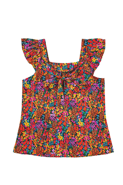 Multicolour Floral Print Cap Sleeve Square Neck Back Knot Blouse