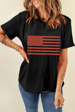 Black Glitter American Flag Round Neck Graphic T Shirt