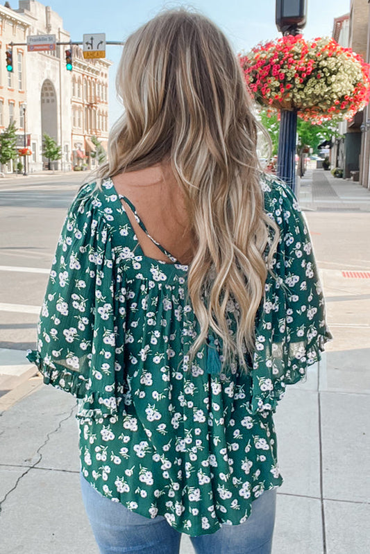 Green Floral Print Square Neck Ruffled Trim Plus Size Blouse