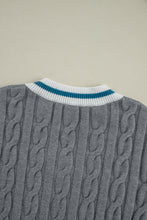 Medium Grey Color Contrast Ribbed Edge Cable Knit V Neck Sweater