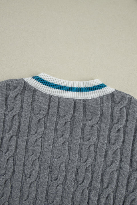 Medium Grey Color Contrast Ribbed Edge Cable Knit V Neck Sweater