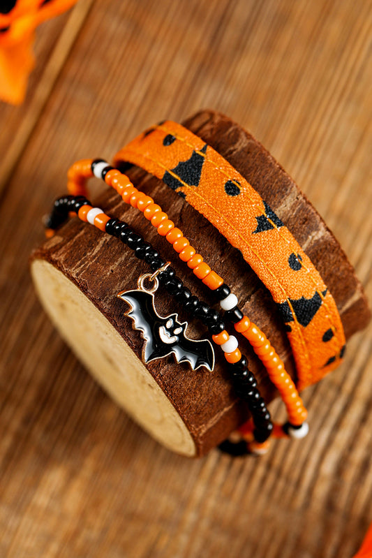 Russet Orange Halloween Bat Pendant Beaded Multi Layer Bracelet Set