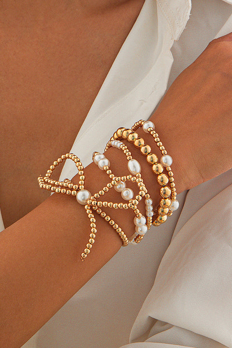 Gold Bow Knot Pearl Beaded Multi Layered Bracelet Set