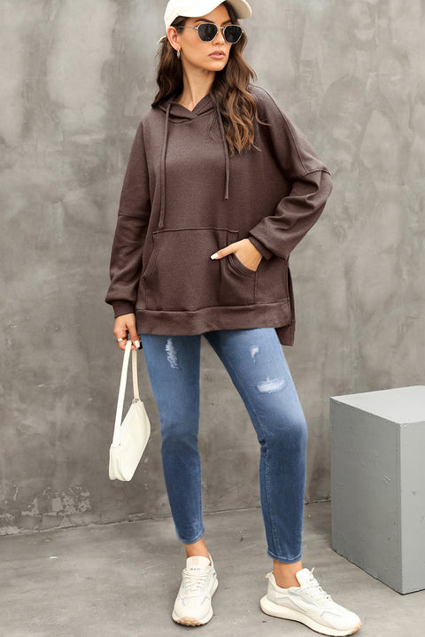 Coffee Waffle Knit Fleece Lined High Low Oversized Hoodie