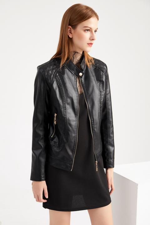 Black Quilted Detail Zip Leatherette Moto Jacket