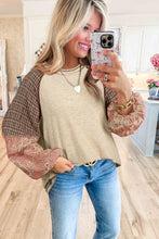 Jet Stream Mixed Print Raglan Sleeve Ribbed Knit Patchwork Blouse