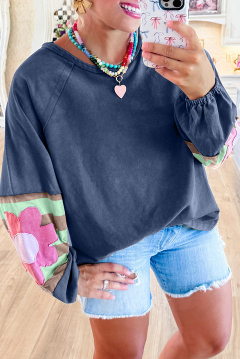 Sail Blue Flower Patchwork Raglan Sleeve Exposed Seam Oversized Top