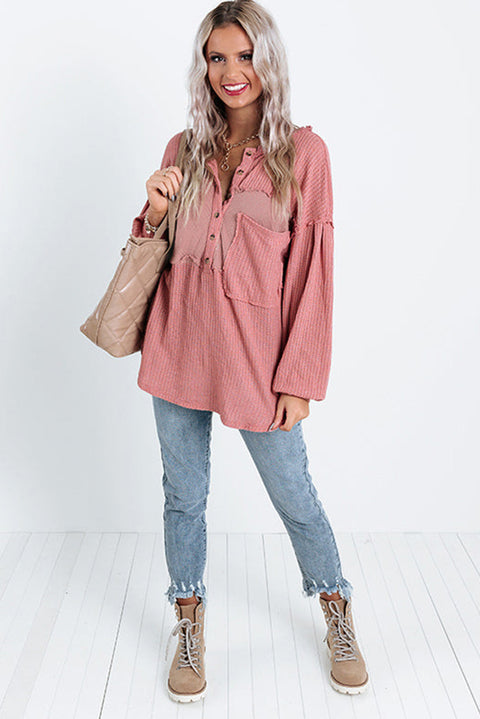 Pink Frayed Patchwork Waffle Knit Top