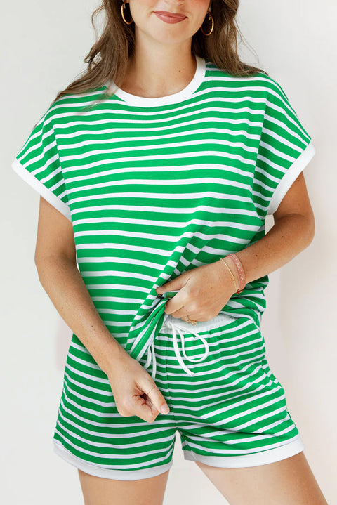 Dark Green Striped Cap Sleeve Tee and Shorts Set