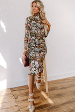 Brown Floral Allover Print Mock Neck Bodycon Long Sleeve Midi Dress