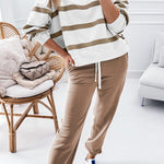 Light French Beige Striped Drop Shoulder Pullover and Jogger Pants Set