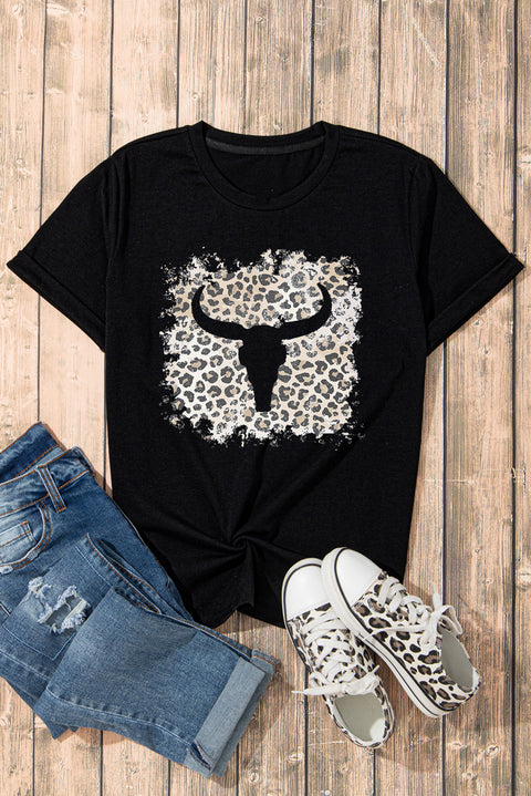 Black Western Leopard Steer Head Print Casual T Shirt