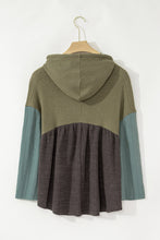 Laurel Green Mixed Textured Colorblock Patchwork Wide Sleeve Frayed High Low Hooded Top