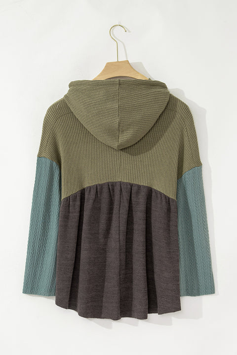 Laurel Green Mixed Textured Colorblock Patchwork Wide Sleeve Frayed High Low Hooded Top