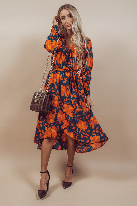 Orange Floral Print Faux Wrap Belted Dress