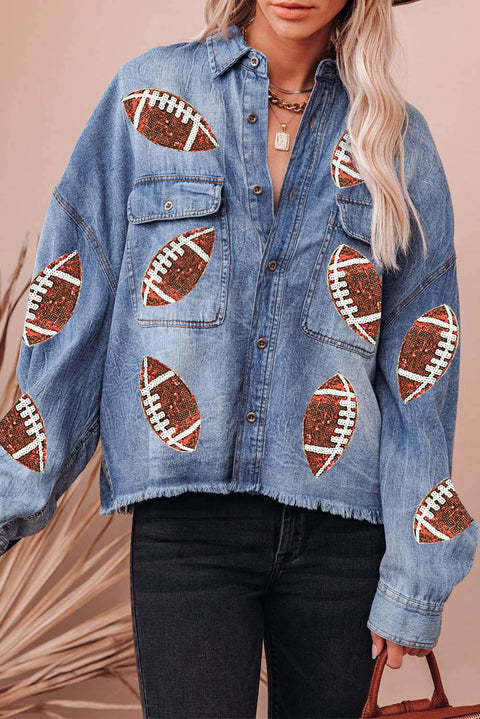 Sky Blue Sequin Rugby Graphic Flap Pockets Raw Hem Game Day Denim Jacket