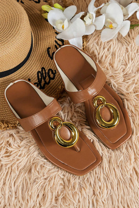 Brown Metal Rings Decor Square Toe Flat Slippers