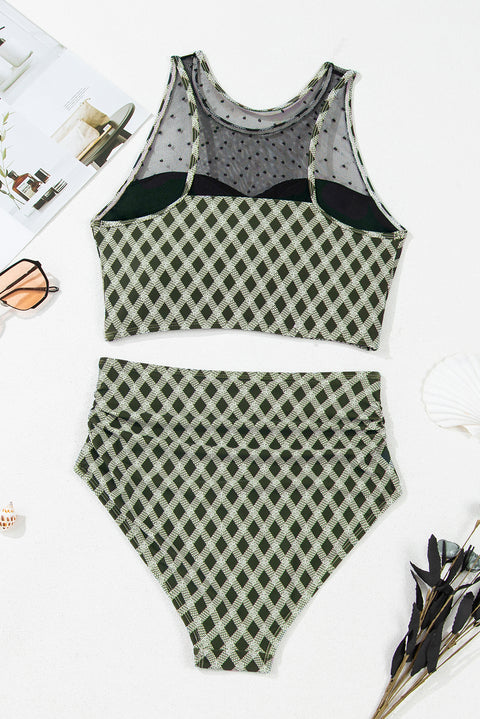 Green Dotted Mesh Plaid Patchwork High Waisted Bikini