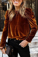 Chestnut Frilled Collar Puff Sleeve Velvet Top