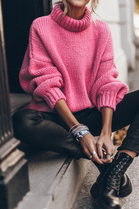 Rose Red Chunky Knit Turtle Neck Drop Shoulder Sweater