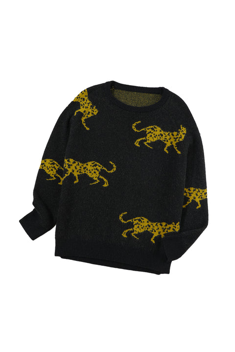 Black Cheetah Pattern Knit Round Neck Sweater