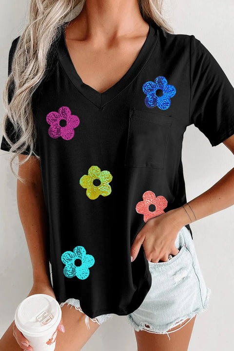 Black Sequined Flower Pocketed V Neck T Shirt