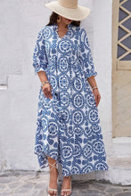 Sky Blue Geometric Print Lace-up Notch Neck Plus Size Maxi Dress