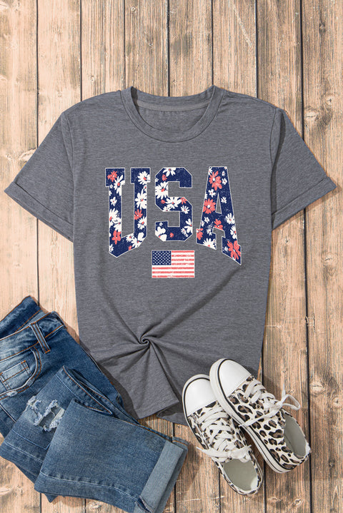 Gray Blooming USA Flag Print Casual T Shirt