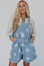 Light Blue Star Printed Buttoned Straps Pocketed Denim Romper